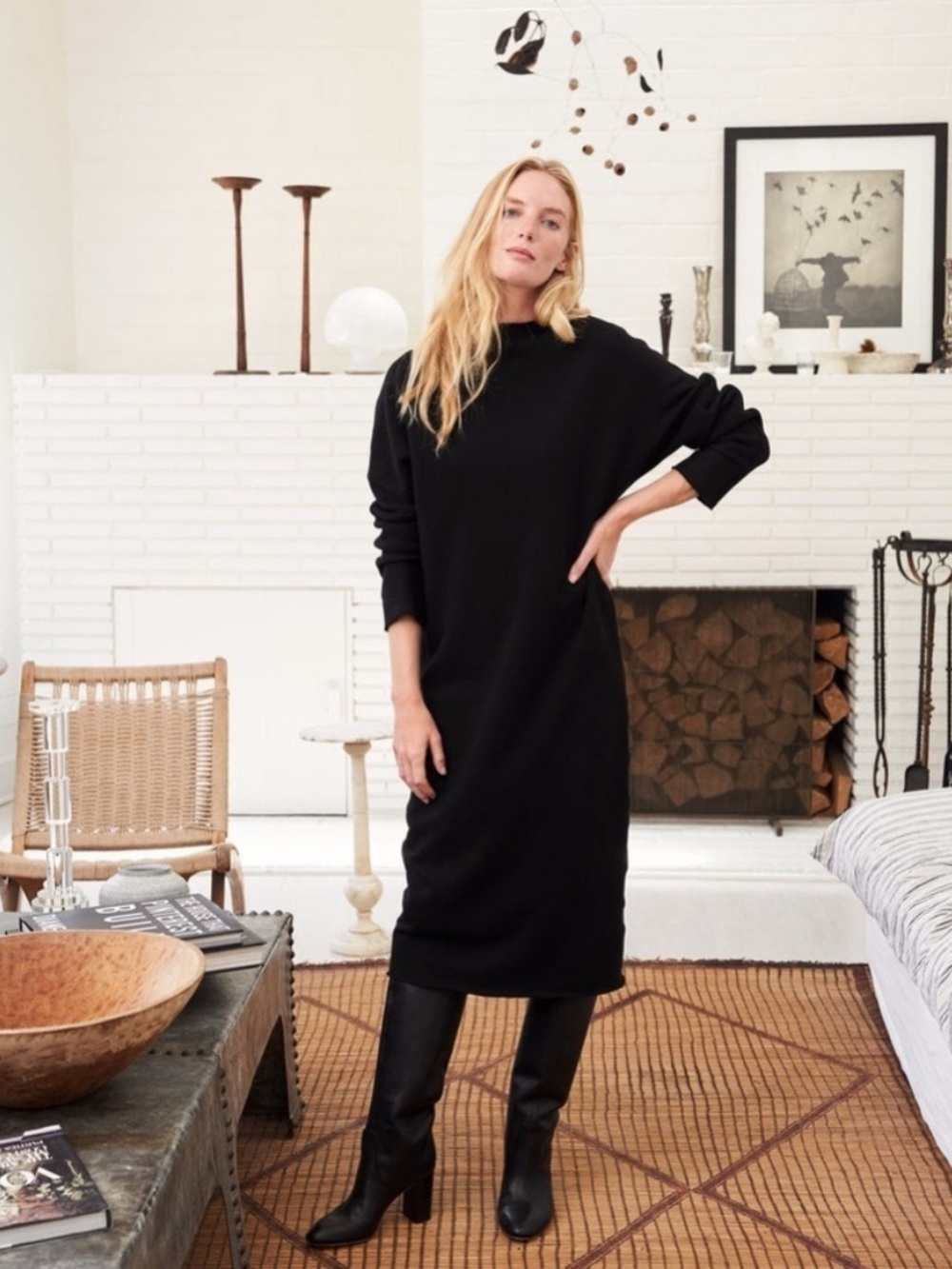 Frank & Eileen Black Long Sleeve Midi Dress Size S Minimalist Quiet Luxury Basic